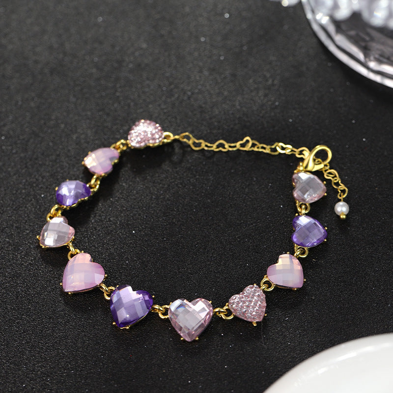 Wholesale Second-hand Diamond Color Heart Niche Fashion Temperament High-grade Bracelet Earring Necklace Set